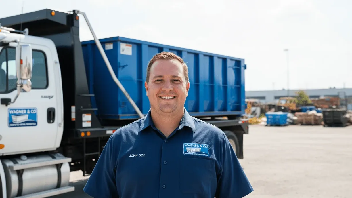 Wagner & Co Dumpster Rental driver talking a customer through container placement in Pensacola, FL Wagner & Co Dumpster Rental driver talking a customer through container placement in Pensacola, FL