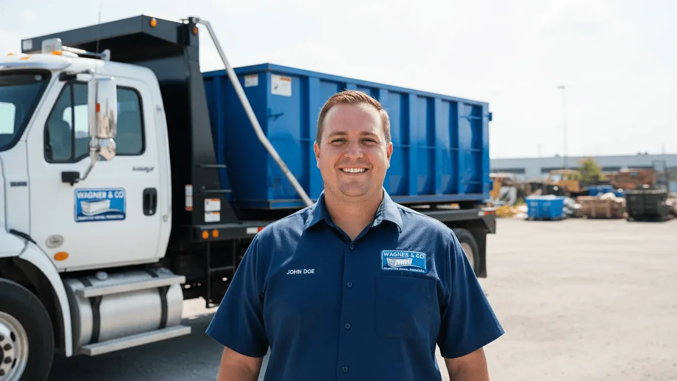Dumpster rental cost in Pensacola, Florida — driver going over a flat-rate quote with a customer Dumpster rental cost in Pensacola, Florida — driver going over a flat-rate quote with a customer
