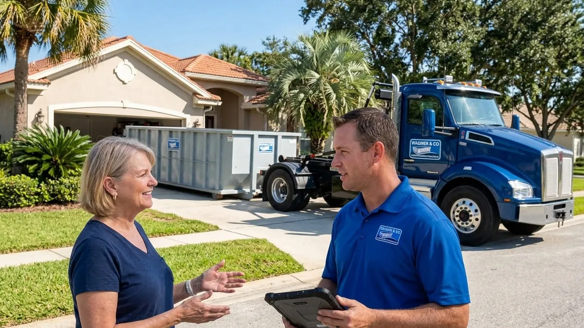 Wagner & Co Dumpster Rental team member answering customer questions in Pensacola, Florida Wagner & Co Dumpster Rental team member answering customer questions in Pensacola, Florida