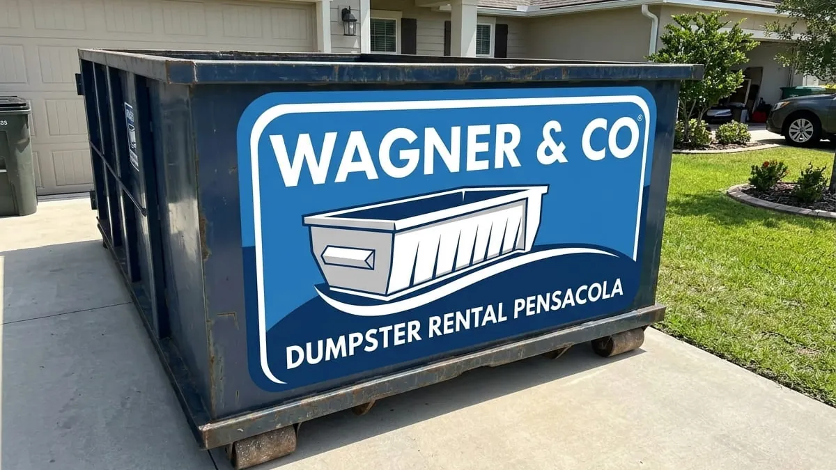 Wagner & Co Dumpster Rental crew standing with a roll-off truck and 30 yard dumpster in a Pensacola, FL driveway Wagner & Co Dumpster Rental crew standing with a roll-off truck and 30 yard dumpster in a Pensacola, FL driveway