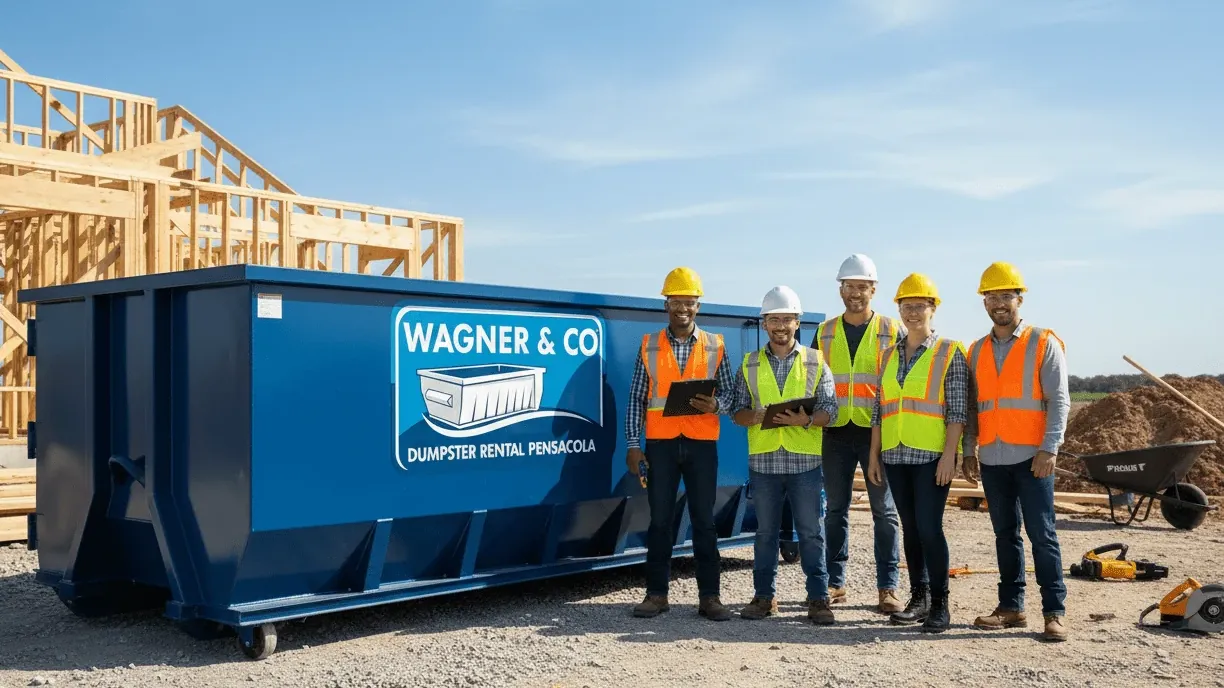 Historic home renovation debris in Pensacola — container outside a pier-and-crawlspace house in North Hill Historic home renovation debris in Pensacola — container outside a pier-and-crawlspace house in North Hill