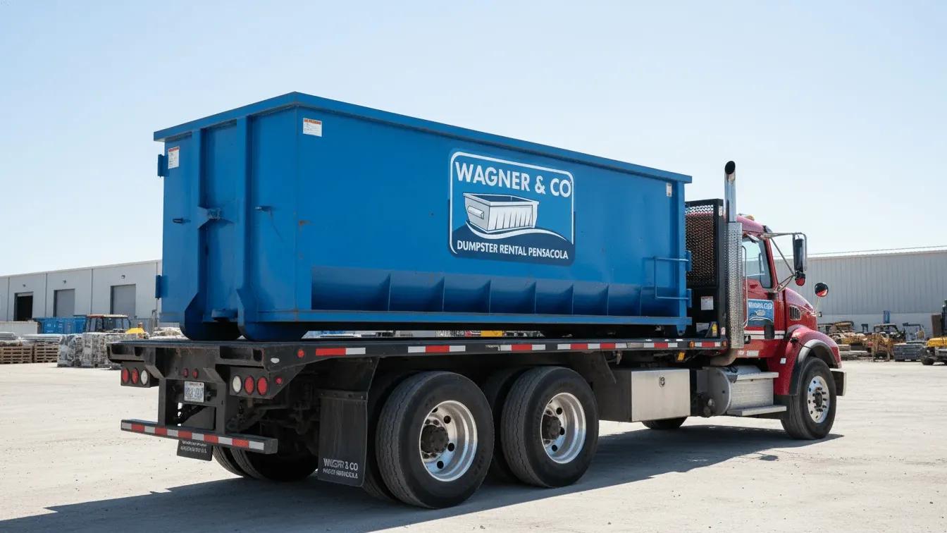 Roll-off truck delivering a 30 yard dumpster on a residential street in Pensacola, FL Roll-off truck delivering a 30 yard dumpster on a residential street in Pensacola, FL