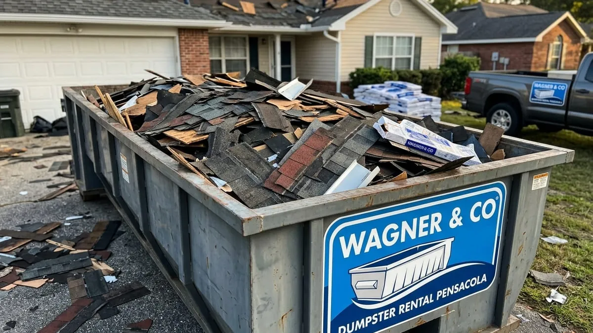 Roofing dumpster rental in Pensacola, Florida — container loaded with multi-layer shingle tear-off beside a coastal home during a wind-code re-roof Roofing dumpster rental in Pensacola, Florida — container loaded with multi-layer shingle tear-off beside a coastal home during a wind-code re-roof