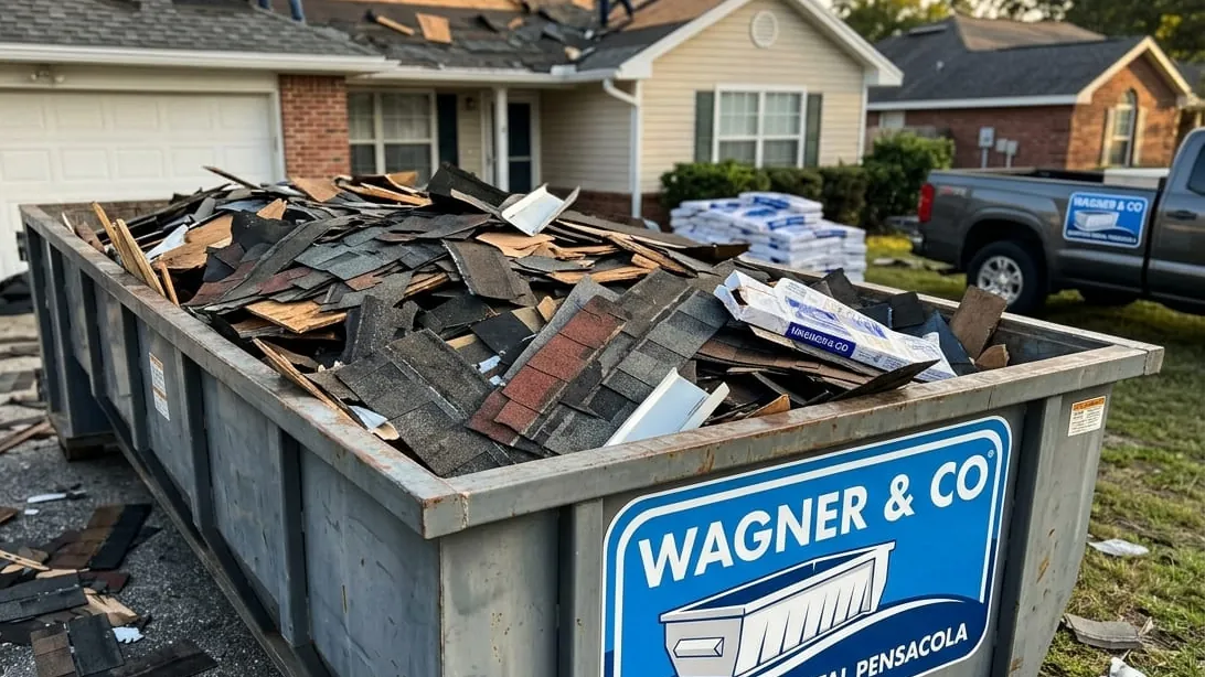 Roofing tear-off dumpster in Pensacola, Florida — container sized by squares and layers Roofing tear-off dumpster in Pensacola, Florida — container sized by squares and layers