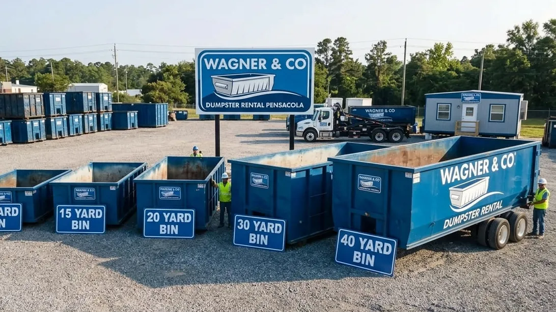 What size dumpster do I need in Pensacola — roll-off containers lined up by size at the yard What size dumpster do I need in Pensacola — roll-off containers lined up by size at the yard