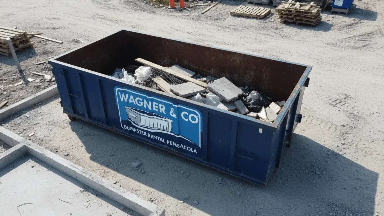 Yard waste dumpster rental in Pensacola, Florida — roll-off container filled with live oak limb wood and pine brush as a separate clean vegetative load after a storm Yard waste dumpster rental in Pensacola, Florida — roll-off container filled with live oak limb wood and pine brush as a separate clean vegetative load after a storm